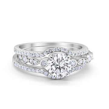 Trio Set Three Piece Wedding Ring Round Simulated Cubic Zirconia 925 Sterling Silver